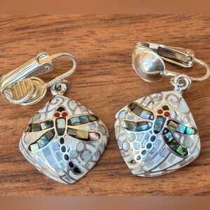 Vintage Sterling Silver Dragonfly Clip Earrings w/ Abalone Shell & enamel